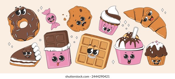 Retro characters confectionery. Cute groovy sweet cake, chocolate, waffles, oatmeal cookies, croissant, ice cream, donut, candy, cake, cupcakes. Vector illustration.