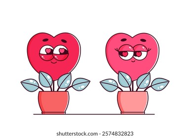 Retro characters hearts in groovy style. Couple in love, Lovely and psychedelic mascots with face in flower pot. Happy Valentines day. Isolated on white background
