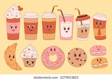 Retro characters sweets and coffe. Cute cartoon coffee in takeaway cup, croissant, cupcake, donut, chocolate chip cookies and macaron. Vector illustration. Big collection in nostalgic style