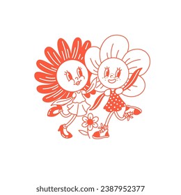 Retro flower’s characters, vector hand drawn illustration