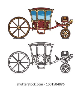 Retro chariot for weddings or contour of old Jose coach, icon of royal dormeuse carriage or outline of britzchka, vintage perth-cart, fairytale waggon,medieval transport or brougham wagon, perth-cart