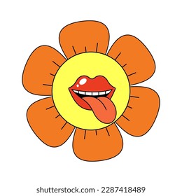 Retro charm groovy chamomile. Positive hippie style daisy with lips and tongue. Crazy hippy flower head design. Psychedelic vintage nostalgic cartoon plant. Trendy y2k funky floral pop culture. Vector