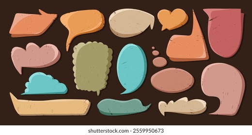Retro Chat Bubbles in Cartoon Comic Book Style with Grunge Texture. Speech chatting boxes drawn with pencil. Abstract and simple figures. Irregular dynamic shapes. Modern asymmetric sketch spots.