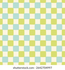 Motif rétro à carreaux pastel bleu et vert harmonieux. Arrière-plan mosaïque de vacances d'été. Vintage patchwork imprimé blocs carrés. Impression géométrique en damier pastel vert, bleu et crème dessinée à la main.