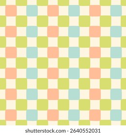 Retro check pastel seamless pattern. Nostalgic summer holiday mosaic background. Vintage patchwork print. Pastel hand drawn geometric summer pattern. Pastel green, blue and pink checkerboard print.