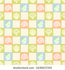 Retro check seamless pattern with seashells. Nostalgic sea holiday mosaic background. Patchwork blocks vintage marine print. Pastel tropical summer cutouts pattern. Hand drawn shells collection.