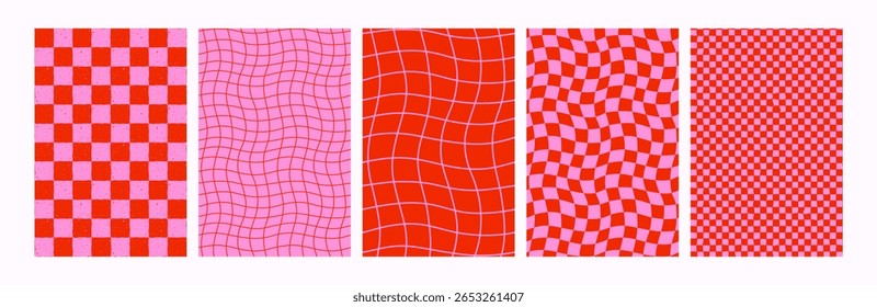 Quadriculado retro grade sem costura fundos padrão em vermelho e rosa com ilusão óptica ondulada para desenhos abstratos groovy. Ideal para tecido, papel de embalagem, cartazes