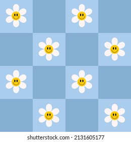 Retro checkerboard groovy seamless pattern with smiling flowers on a blue background. Cute colorful trendy vector illustration in style 70s, 80s	