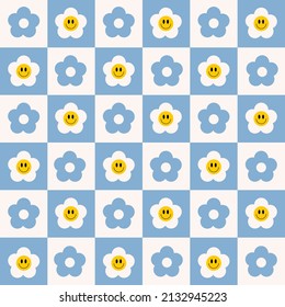 Retro checkerboard groovy seamless pattern with smiling flowers on a white blue background. Cute colorful trendy vector illustration in style 70s, 80s	