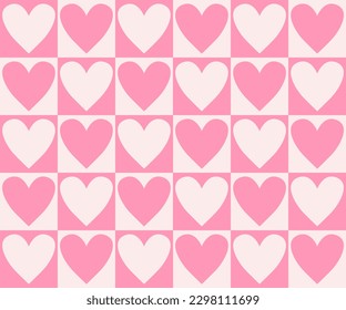Retro checkerboard groovy seamless pattern with hearts on pink and white background. 70s 80s style cute geometric background vector illustration. Valentine's day pattern. Hippie style aesthetics.