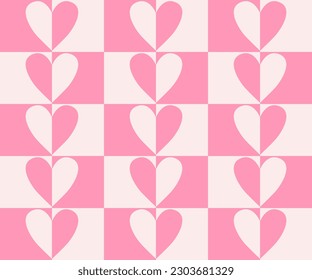 Retro checkerboard groovy seamless pattern with hearts on pink and white background. 70s 80s style cute geometric background vector illustration. Valentine's day pattern. Hippie style aesthetics.