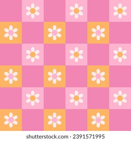 Retro-Schachbrettmuster, graues, nahtloses Muster mit blühenden Blumen auf rosafarbenem und orangefarbenem Hintergrund. Farbenfrohe, trendige Vektorgrafik im Stil der 70er, 80er