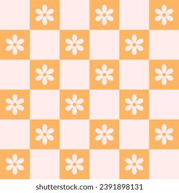 Retro checkerboard groovy seamless pattern with daisy flowers on a pink and orange checkered background. Cute colorful trendy vector illustration in style 70s, 80s for surface design