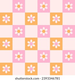 Retro checkerboard groovy seamless pattern with daisy flowers on a pink and orange checkered background. Cute colorful trendy vector illustration in style 70s, 80s for surface design