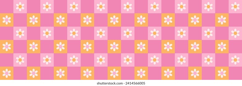 El tablero de ajedrez retro luce un patrón impecable con flores de margarita sobre un fondo a cuadros rosa y naranja. Ilustración vectorial de moda y colorida en estilo 70, 80