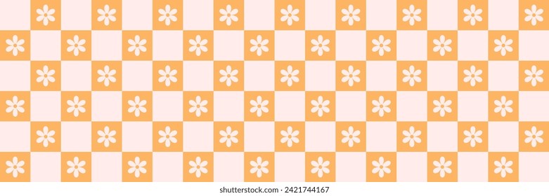 Retro checkerboard groovy seamless pattern with daisy flowers on a pink and orange checkered background. Cute colorful trendy vector illustration in style 70s, 80s for surface design