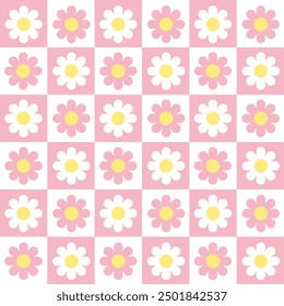 Retro checkerboard groovy seamless pattern with daisy flowers on a pink checkered background. Cute colorful trendy vector illustration in style 70s, 80s for surface design