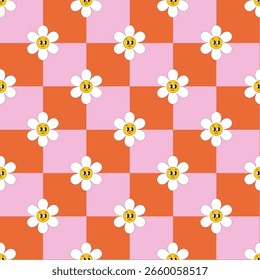 Retro Schachbrett groovy nahtloses Muster. Vintage 70er 80er Jahre geometrischen Druck mit Quadraten und Cartoon süße Blume mit lächelndem Gesicht Vektor Textur.