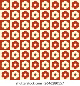 Retro checkerboard with red and white flower seamless pattern.Surface for textile.Decoration ornament for fabric or cloth.Modern or vintage backdrop.Cute wrapping paper.Vector illustration.