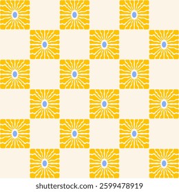 Retro checkerboard seamless pattern with organic shape sun or flower on a beige background. Cute colorful trendy vector illustration in style 70s, 80s