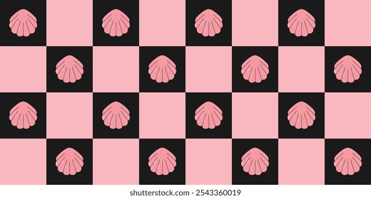 Patrón sin costuras a cuadros retro negro y rosa con conchas marinas. Fondo de diseño moderno para telón de fondo para textiles, papel de embalaje, tela, cubierta, Fondo de pantalla, impresión. Vector