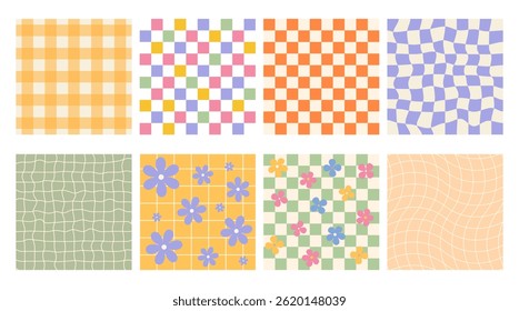 Retro checkered colorful background set. Collection of isolated 1970s Retro pattern groovy trippy. Flowers and psychedelic abstract background. Seventies Style. Hippie Aesthetic. Vector Illustration