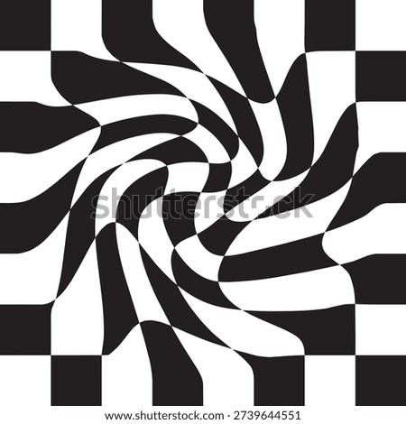 Retro checkered distorted black vector background. Wallpaper in the style of 70s summer hippies. Psychedelic geometric checkered pattern. Trippy checkerboard with warped cells. Groovy Y2K design.