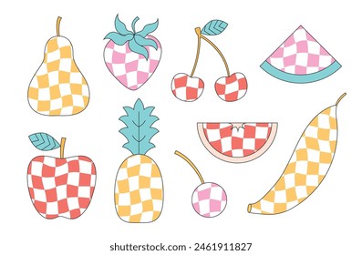 Retro checkered patterned fruits. Abstract pear, strawberry, cherry, watermelon, apple, pineapple, banana vector illustrations.