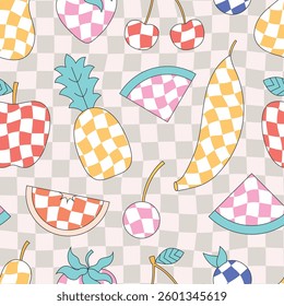 Retro checkered patterned fruits seamless background. Abstract pear, strawberry, cherry, watermelon, apple, pineapple, banana vector pattern.
