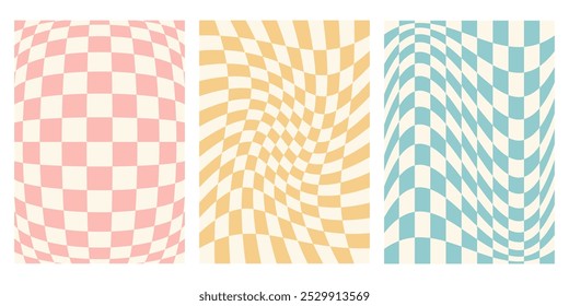 Retro checkered poster set with distorted squares