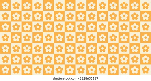 Retro checkered seamless pattern with floral elements. Vector illustration of pastel colors in style 70s, 80s.