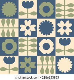 Retro checkered seamless pattern with flowers in 1980 style. Geometric aesthetic print for tee, poster, textile and fabric. Vintage vector background for decor and design.


