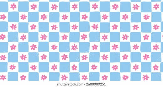 Retro checkered seamless pattern with pink flowers for nursery prints, wallpaper, wrapping paper, stationery, scrapbooking, kids apparel decor, digital paper, backgrounds, etc. EPS 10