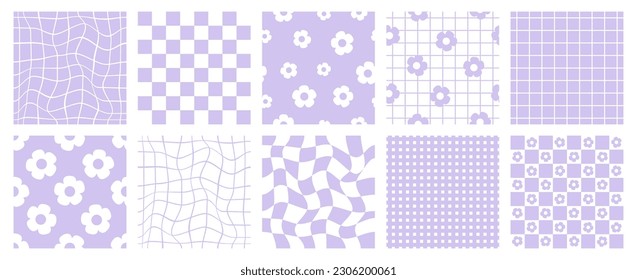 Retro checkered seamless pattern set. Pastel purple and white vintage aesthetic pattern set. Groovy, funky, trippy, psychedelic, floral, hippie, 60s, 70s, checkerboard, distorted grid patterns. 