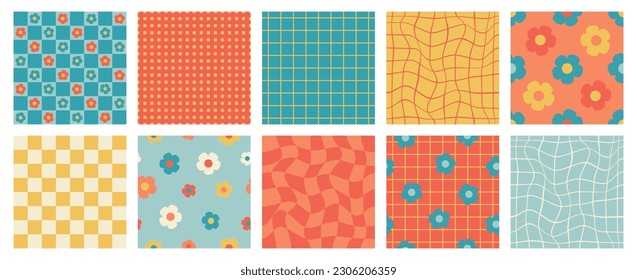 Retro checkered seamless pattern set. Colorful vintage aesthetic pattern set. Groovy, funky, trippy, psychedelic, floral, hippie, 60s, 70s, checkerboard, distorted grid patterns. 