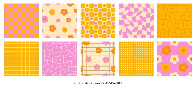 Retro checkered seamless pattern set. Colorful vintage aesthetic pattern set. Groovy, funky, trippy, psychedelic, floral, hippie, 60s, 70s, checkerboard, distorted grid patterns. 