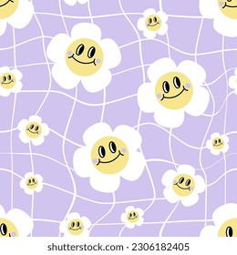 Retro checkered seamless pattern with smiling flowers. Pastel purple vintage aesthetic pattern. Groovy, funky, trippy, psychedelic, floral, hippie, 60s, 70s checkerboard, distorted grid pattern. 