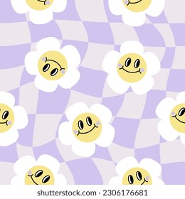 Retro checkered seamless patterns with smiling flowers. Pastel purple vintage aesthetic pattern. Groovy, funky, trippy, psychedelic, floral, hippie, 60s, 70s checkerboard, distorted grid pattern. 