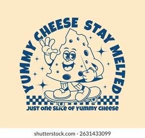 Personagem de desenho animado de queijo retro montando um skate no estilo de arte de linha limpa. Ilustração vetorial ideal para designs de camisetas, adesivos, cartazes e mercadorias