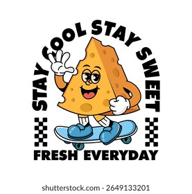 Retro cheese cartoon character riding a skateboard, perfect for t shirt design, sticker, apparel, streetwear, and food theme illustration