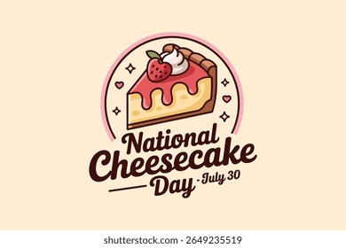 Retro cheesecake icon with cherry and dotted background badge for national dessert awareness july 30 print
