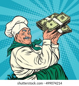 Retro chef with a bundle of money, pop art retro vector illustration