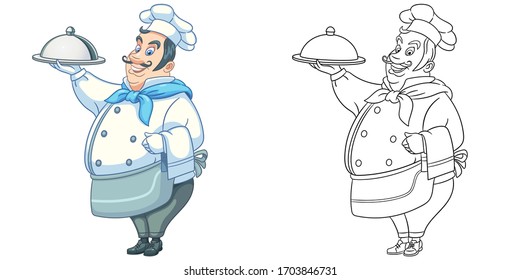 Retro chef cook. Coloring page and colorful clipart character. Cartoon design for t shirt print, icon, logo, label, patch or sticker. Vector illustration.