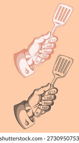 Retro Chef Hand with Spatula Engraved Vector Set,High-quality isolated vector elements for menus, flyers, food blogs, and culinary identities.