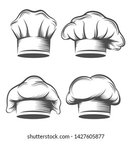 Retro chef hat. Vintage chefs toque set engraving vector illustration, hand drawn style cook or kitchener hats closeup on white