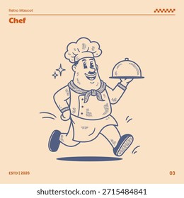 Personagem mascote retro chef ilustrado em um estilo clássico desenho à mão vintage cartoon. Esta ilustração vetorial é adequada para marca de restaurante e culinária, modelo de logotipo, identidade de negócios de alimentos, embalagem, mercadoria e design promocional.