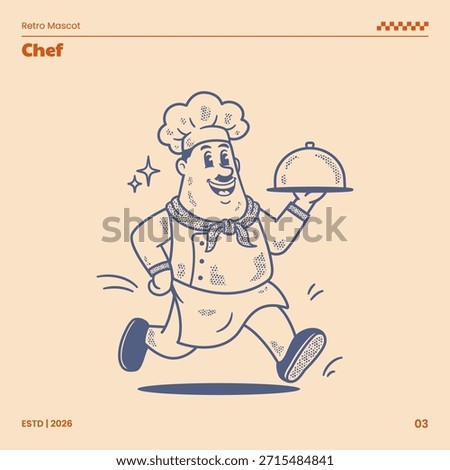Retro chef mascot character illustrated in a classic hand-drawn vintage cartoon style. This vector illustration is suitable for restaurant and culinary branding, logo template, food business identity, packaging, merchandise, and promotional design.