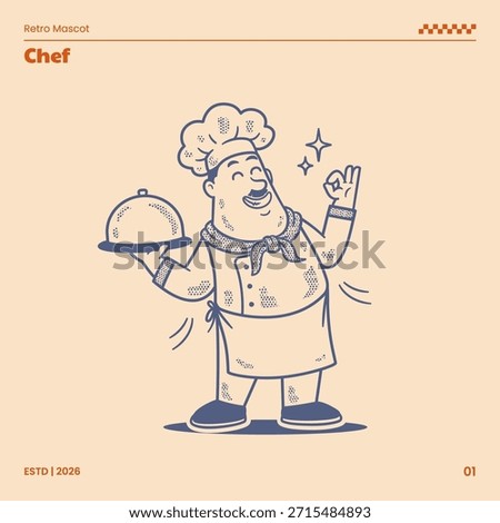Retro chef mascot character illustrated in a classic hand-drawn vintage cartoon style. This vector illustration is suitable for restaurant and culinary branding, logo template, food business identity, packaging, merchandise, and promotional design.