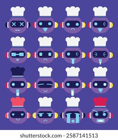 A retro chef robot emoticon set in flat style for design element or emoji project