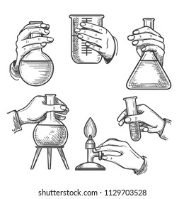 Retro Chemical Experiments. Vintage Science Laboratory Beakers And Burners, Old Sketch Hands Of Chemist In Handdrawn Style, Vector Illustration